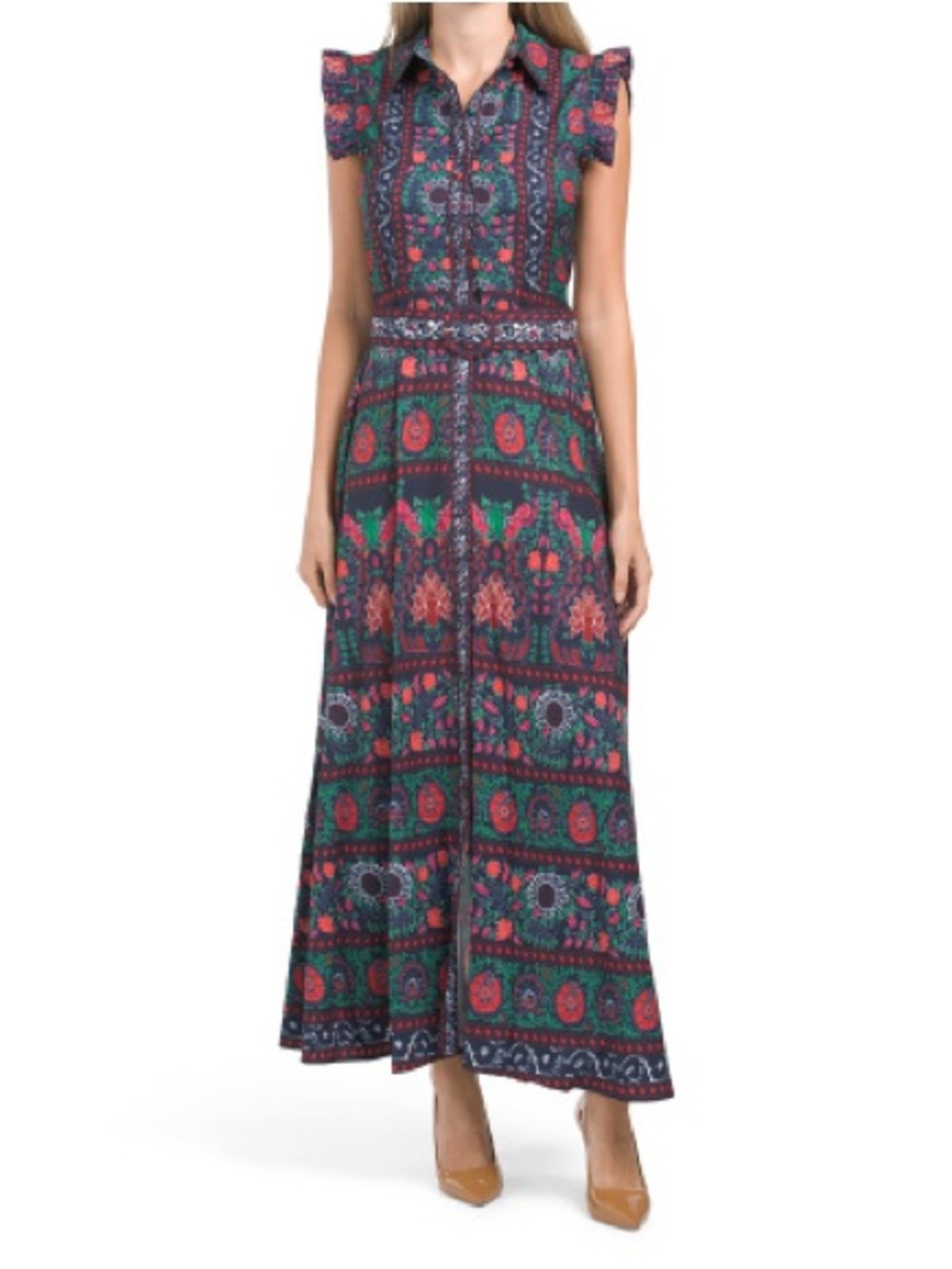 Dalia MacPhee Sleeveless Floral Maxi Shirt Dress in Navy, Green and Pink